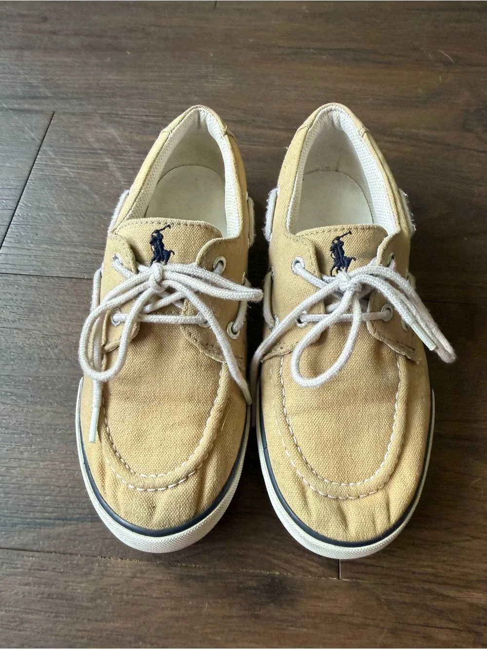 Polo Ralph Lauren Beige Khaki Canvas Boat Shoes Loafers Navy Pony Logo Size 3Y